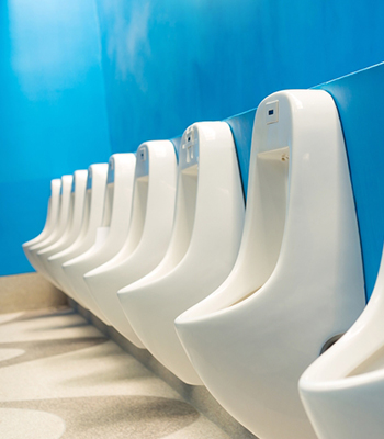 row of white urinals on a blue wall
