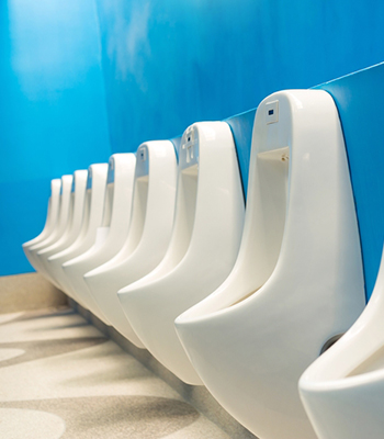 Hygiene Services row of white urinals on a blue wall